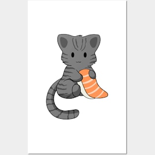 Grey Tabby Cat with Sushi Posters and Art